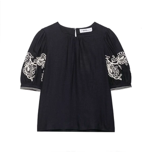 Navy blue women shirt with vintage white embroidery and chic puff sleeves