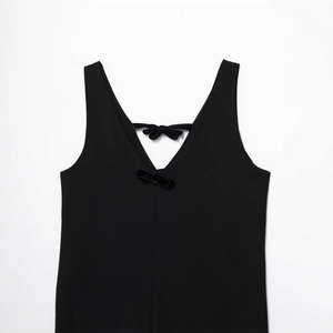 Elegant black deep V-neck sleeveless dress with velvet bow detail for women