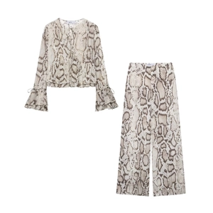 Women's Satin Snake Print Two-Piece Outfit Ruffle Bell Sleeve Tie V-Neck Top And High Waist Wide Leg Pants Casual Boho Suit