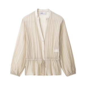 Elegante beige plissierte Langarmbluse mit V-Ausschnitt und Tunnelzug an der Taille