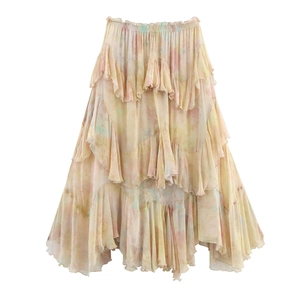 Bohemian floral layered ruffle skirt with high elastic waist in light cream chiffon