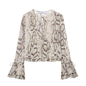 Women's 2-piece lounge set with snakeskin print blouse featuring ruffled flare sleeves