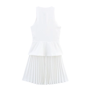 Detail of white sleeveless mini dress featuring peplum waist and pleated skirt texture