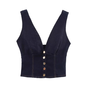Women's deep blue denim crop vest with V-neck, gold buttons and slimming waist fit