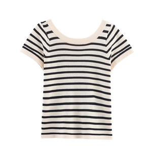 Pull en maille à manches courtes pour femmes avec rayures horizontales noires et blanches