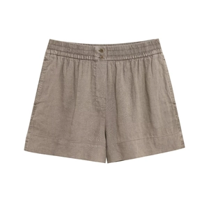 Women's casual cotton linen blend shorts in taupe with elastic waist and button detail