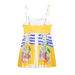 Women's summer strap mini dress with yellow fruit print and blue stripes on white background