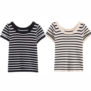 T-shirts tricotés à manches courtes pour femmes avec rayures horizontales classiques