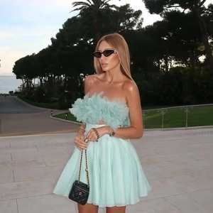 Chic mint green ruffled tube top and skirt set for summer beach vacations and parties