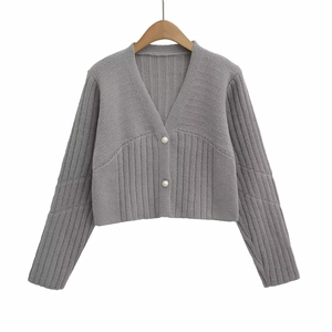 Women Casual V Neck Ribbed Knit Cardigan Sweater Artificial Pearl Buttons Loose Cropped Long Sleeve Top For Daily Wear Soft Knitwear