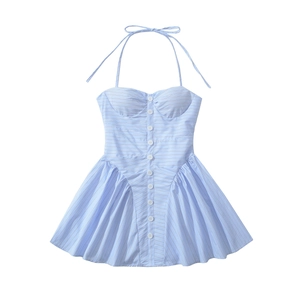 French style light blue striped halter dress with sweetheart neckline and buttons