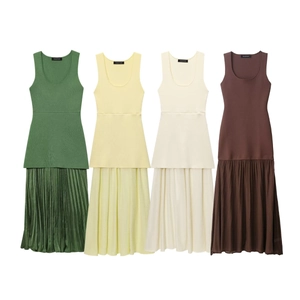 Women Sleeveless Knitted Pleated Patchwork Midi Dress Elegant Round Neck High Waist A-Line Summer Casual Chic Streetwear