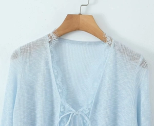 Detailed close-up of light blue knit cardigan featuring delicate white eyelash lace trim