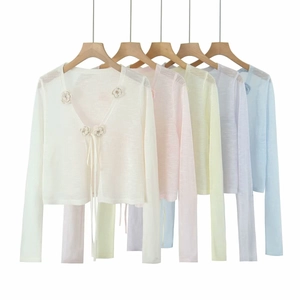 Women Sweet 3D Flower Knitted Cardigan Thin Ice Silk Long Sleeve Cropped Top V Neck Lace Up Sheer Sun Protection Shrug