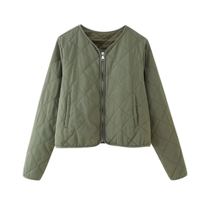Women's army green diamond quilted jacket with silver zipper and collarless design
