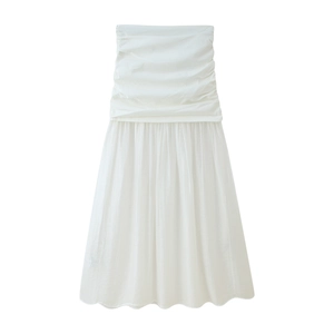 Robe midi blanche sans bretelles élégante avec corsage plissé et jupe fluide pour femme