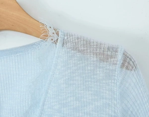 Detailed view of light blue ribbed knit cardigan featuring delicate eyelash lace trim