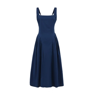Elegant navy blue sleeveless maxi dress with square neck and pleated skirt detail