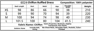 Size chart table for the floral chiffon V-neck dress detailing XS to L measurements