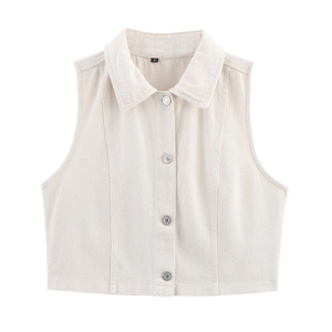 Women's 2025 early spring cropped off-white denim vest with classic collar and buttons