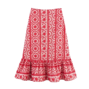 Women's A-line skirt with red floral embroidery and ruffled hem in white and red colorway