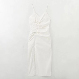 Elegant White Cami Midi Dress Ruched V Neck Sleeveless High Slit Cotton Blend Backless Summer Party Dress For Women