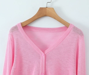 Detail of pink knitted cardigan featuring ruffled trim and matching buttons on V-neckline