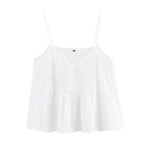 Close-up of white cotton camisole featuring V-shaped lace embroidery and pleated details
