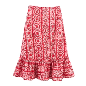 White and red floral embroidery A-line midi skirt with ruffle hem for women