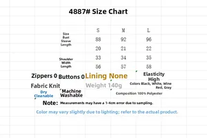 Detailed size guide table for contrast trim short sleeve knit top in S M L sizes