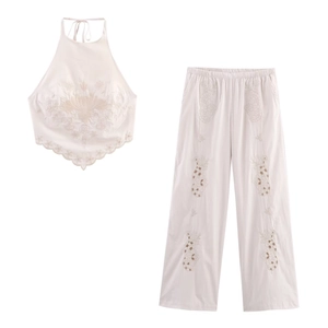 Haut Dos Nu Brodé Floral en Mélange de Coton pour Femmes et Pantalon Large Décontracté Été Top And Bottom