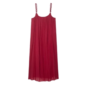 Robe Midi Élégante Femme Rouge Vin à Bretelles Perlées Plissée Ligne A Été Plage Vacances Mélange Polyester Coton