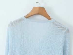 Detail of light blue knit cardigan showing semi-transparent vertical ribbed texture