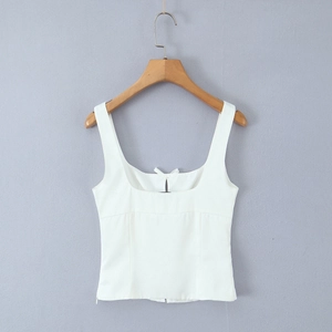 Detail of white square neck camisole showing sturdy twill fabric and premium stitching