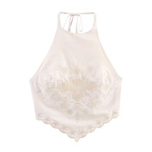 Haut licou blanc pour femme avec broderies florales et ourlet festonné élégant