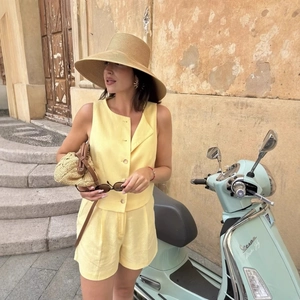 Women's summer two-piece sleeveless vest and high-waist shorts set in light yellow