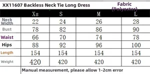 Detailed size chart for backless halter neck maxi dress with measurements in centimeters