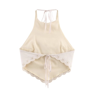Haut dos nu beige avec broderies florales délicates et ourlet festonné élégant