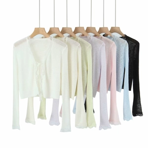 Women Elegant Lightweight Ribbed Knit Cardigan With Lace Trim V Neck Tie Front Long Sleeve Cropped Sweater Top