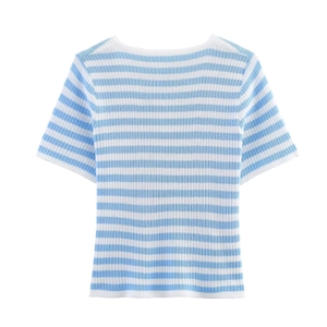 Women's blue and white striped short sleeve knit top with crew neck and ribbed texture