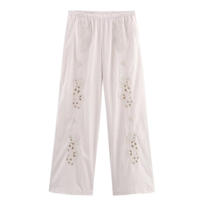 Pantalon blanc pour femme à jambes larges avec broderie florale et taille élastique