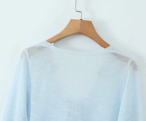 Detail of light blue knit cardigan with soft round neck and breathable linen texture
