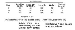 Size chart for women hollow-out long dress with cotton embroidery and dimensions