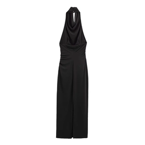 Detail of the elegant black halter neck maxi dress featuring a backless design and ruched waist