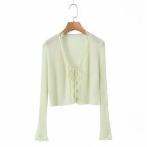 Women's light green knit cardigan with lace trim and tie front closure in cropped style