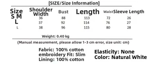 Detailed size chart for white cotton embroidered V-neck dress with metric measurements