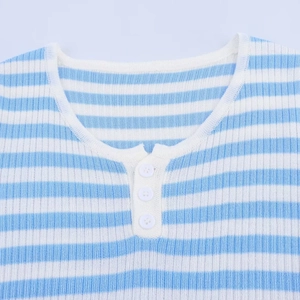 Blue and white striped ribbed knit sweater with three-button Henley neckline detail