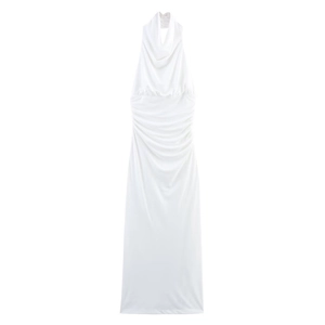 Detailed view of the elegant white halter neck dress with sophisticated ruching details