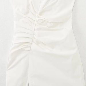 Summer white midi dress with ruched details and asymmetrical pleats in a sleek woven fabric