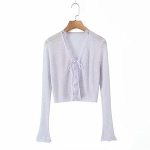 Elegant light purple knit cardigan with delicate lace trim and ribbon front tie closure